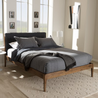 Baxton Studio SW8065-Grey/Walnut-M7-Queen Clifford Mid-Century Dark Grey Fabric and Medium Brown Finish Wood Queen Size Platform Bed